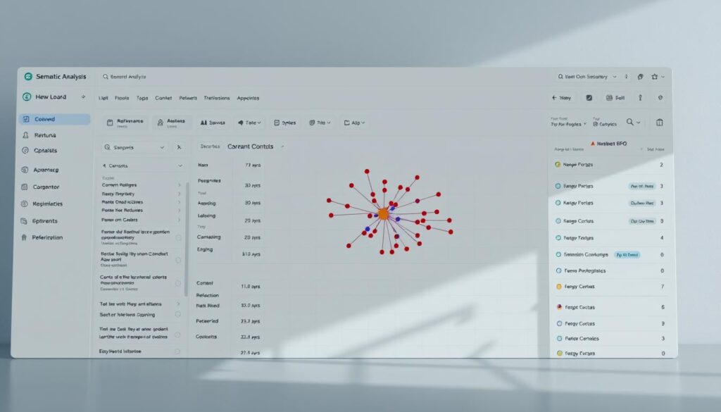 A detailed semantic analysis dashboard in a sleek, modern interface. The foreground features a clean, minimalist layout with various input fields, toggles, and visualizations for analyzing keyword relevance, content structure, and search engine optimization factors. The middle ground showcases a large, prominent graph charting the semantic relationships between key concepts, with color-coded nodes and edges. In the background, a subtle grid pattern and muted tones evoke a sense of analytical precision and technological sophistication. Soft, directional lighting casts gentle shadows, creating depth and emphasizing the dashboard's intuitive, user-friendly design. The overall atmosphere is one of productive focus, empowering the user to deeply understand the semantic elements driving successful SEO.