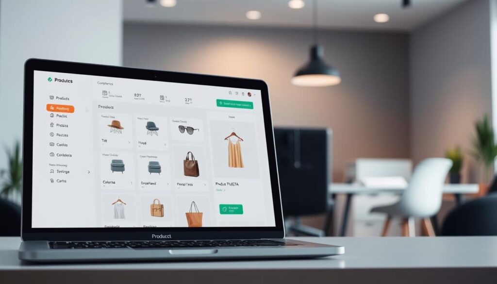 A sleek, modern e-commerce product management interface, showcasing a clean and intuitive dashboard. In the foreground, a laptop screen displays neatly organized product listings, with options to edit, add, and manage inventory. The middle ground features a stylized product image, highlighting the attention to detail in the visual presentation. In the background, a minimalist office setting with subtle lighting and a neutral color palette, creating a professional and focused atmosphere. The overall composition conveys the ease and efficiency of online product management, suited for the "Gestion des produits et personnalisation de la boutique" section of the article.