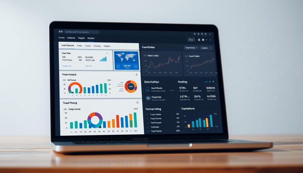 A well-designed SEO analysis interface, featuring a clean and intuitive layout. In the foreground, a laptop screen displays a comprehensive dashboard with customizable charts, graphs, and data visualization tools. The middle ground showcases a range of SEO-focused features, such as keyword research, backlink analysis, and technical auditing capabilities. In the background, a subtle pattern of data points and algorithms subtly suggests the complex analytical processes powering the interface. The overall atmosphere is one of efficiency, productivity, and attention to detail, reflecting the serious nature of the SEO optimization task at hand.