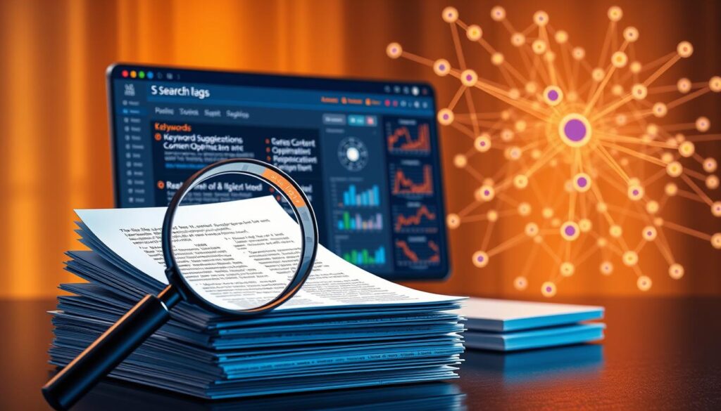 A well-lit, high-resolution digital illustration depicting the concept of semantic SEO optimization. In the foreground, a magnifying glass hovers over a stack of web pages, highlighting keywords and phrases. In the middle ground, a user interface with various SEO analysis tools, including keyword suggestions, content optimization, and readability metrics. In the background, a network of interconnected nodes and data visualizations, representing the complex web of semantic relationships between content, search engines, and user intent. The scene conveys a sense of precision, efficiency, and the power of data-driven content optimization.
